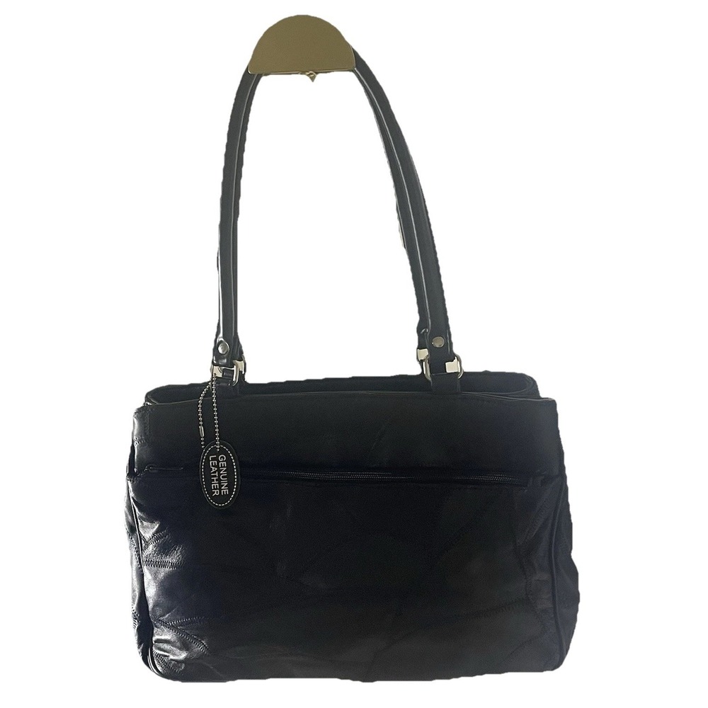 Black Leather Patchwork Tote Bag Shoulder Purse Women Medium 13x9 Classic